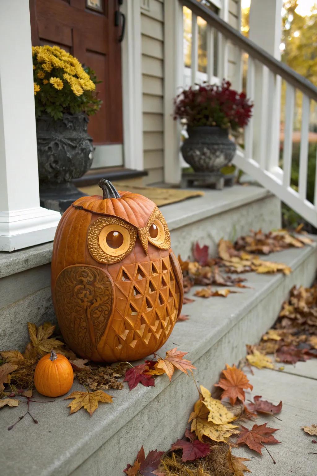 An adorable owl pumpkin adds a woodland touch.