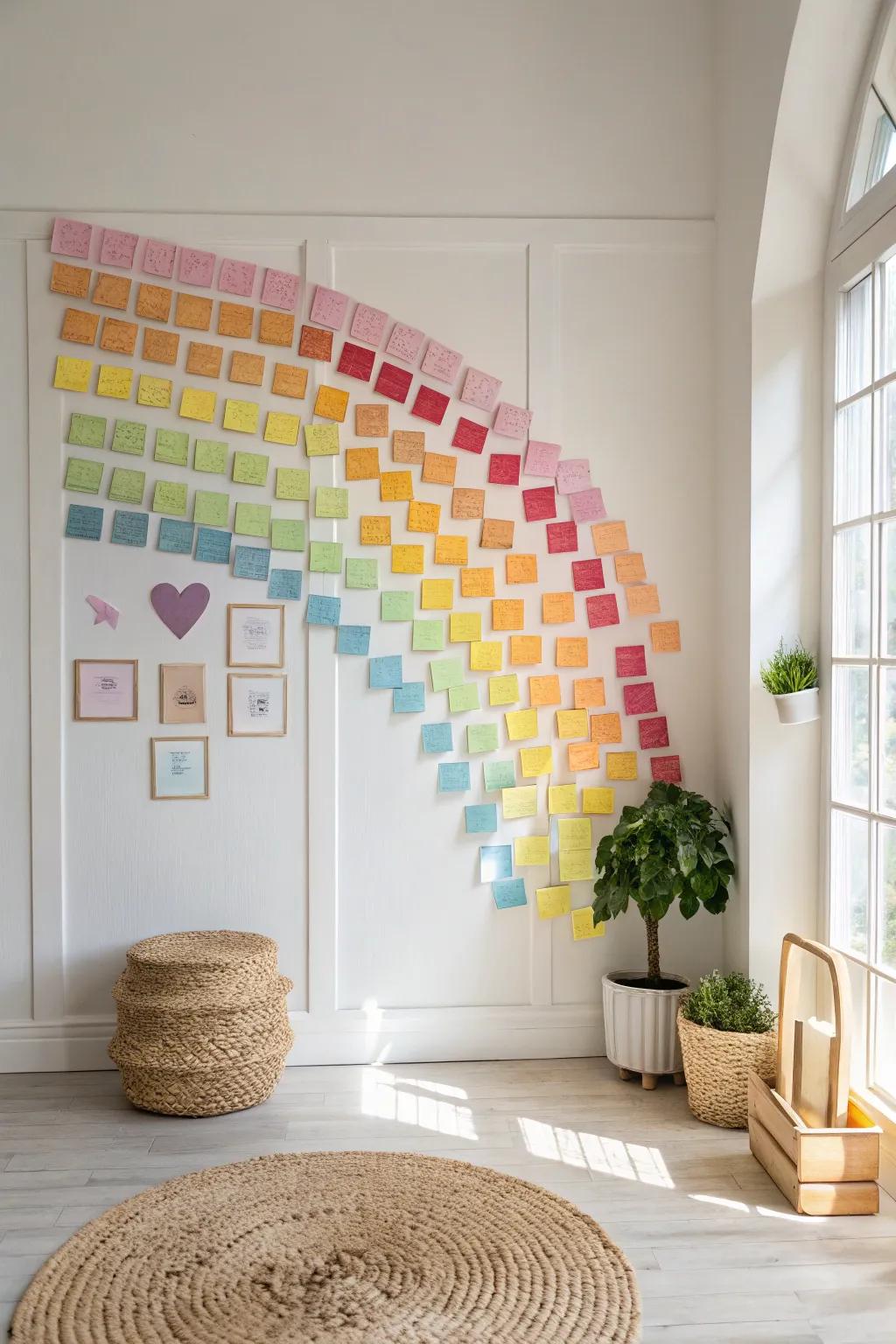Transform your space with a rainbow cascade of sticky notes—where simplicity meets vibrant creativity!