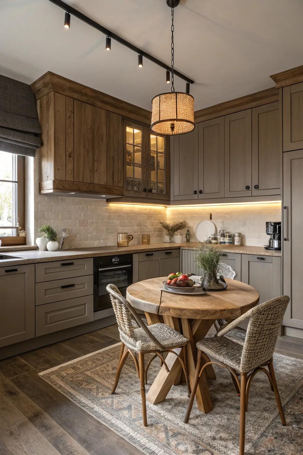 Warm wood tones complement dark beige cabinets beautifully.