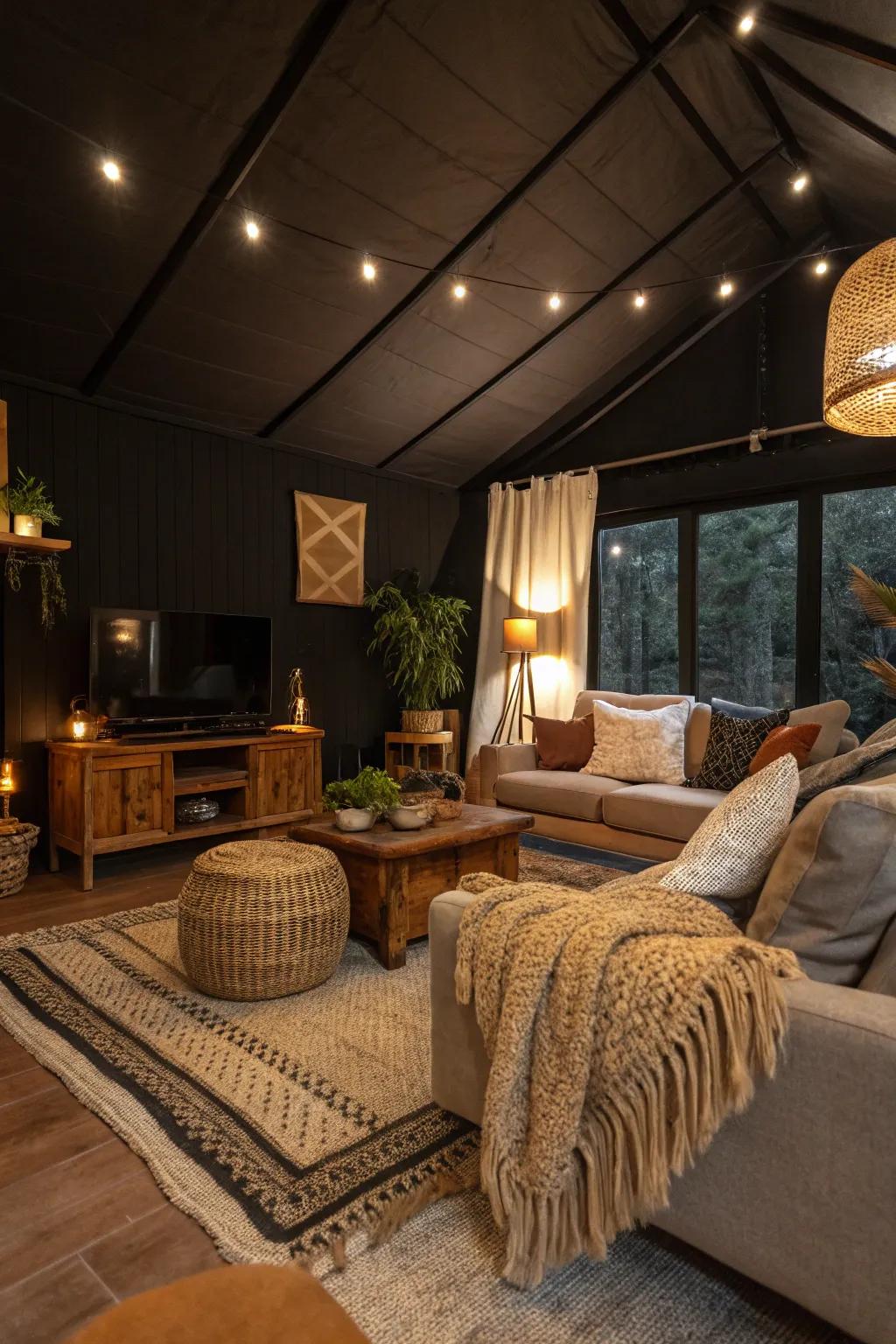 A cozy living room with a warm black ceiling complemented by earthy textiles.