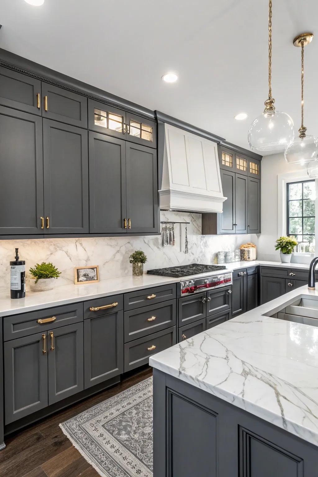 Dark gray cabinets paired with light countertops for a balanced look.