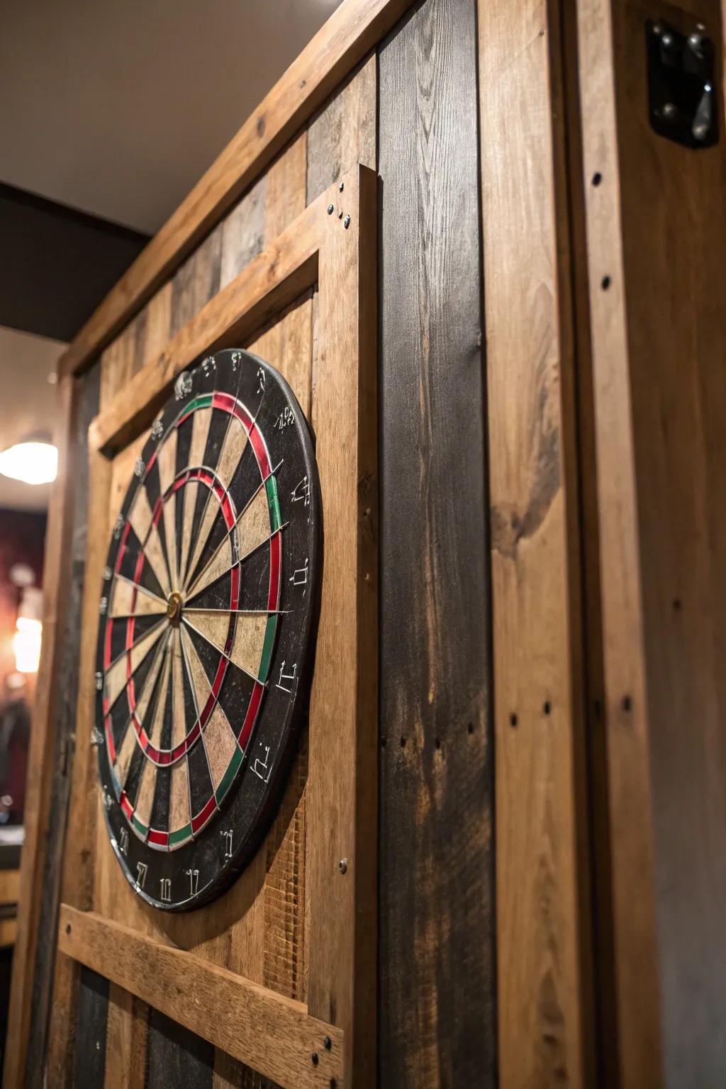 Enhance your game with a rustic charm: Reclaimed barn wood paneling for a cozy dartboard setup.