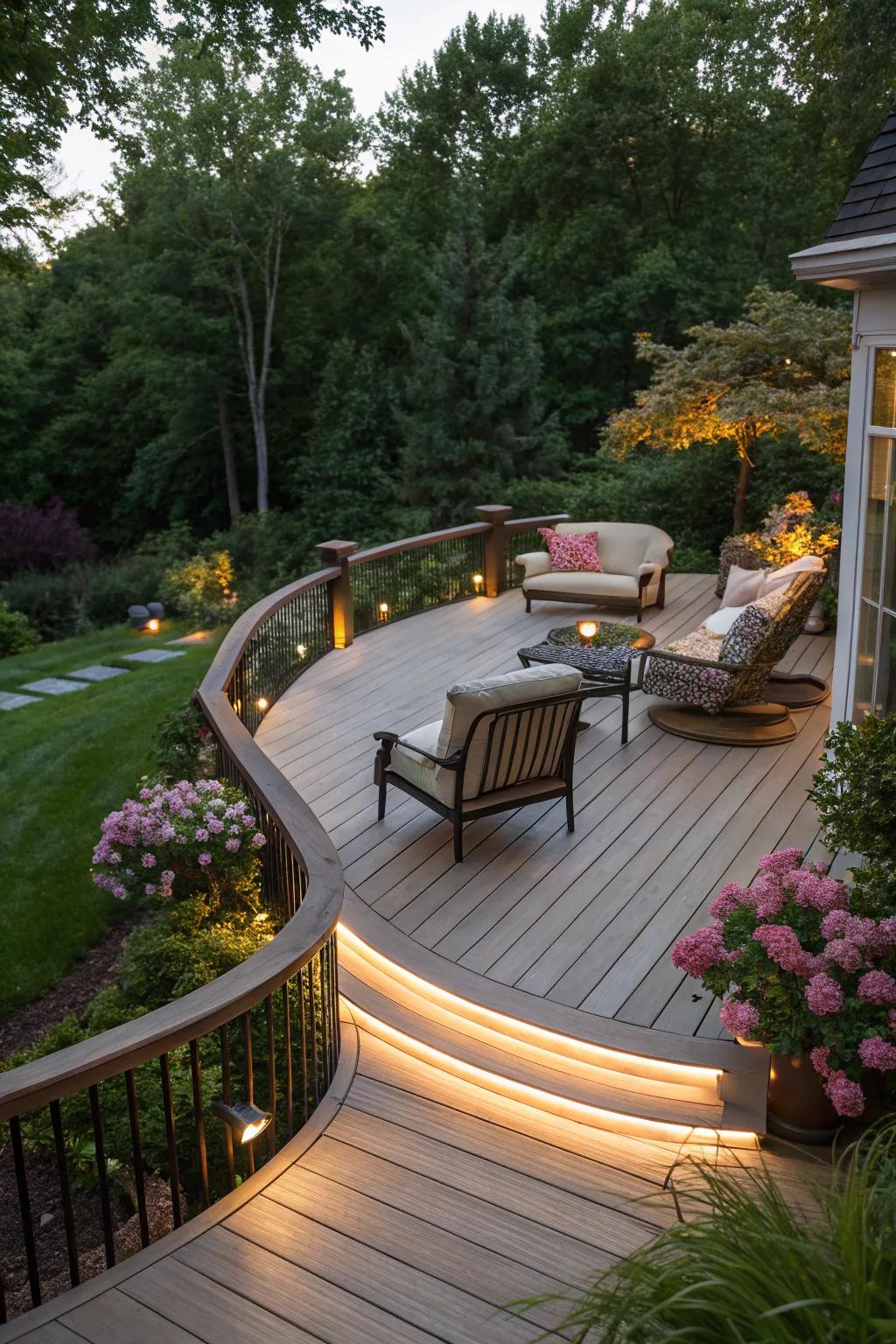 Curved deck edges create a harmonious connection with nature.