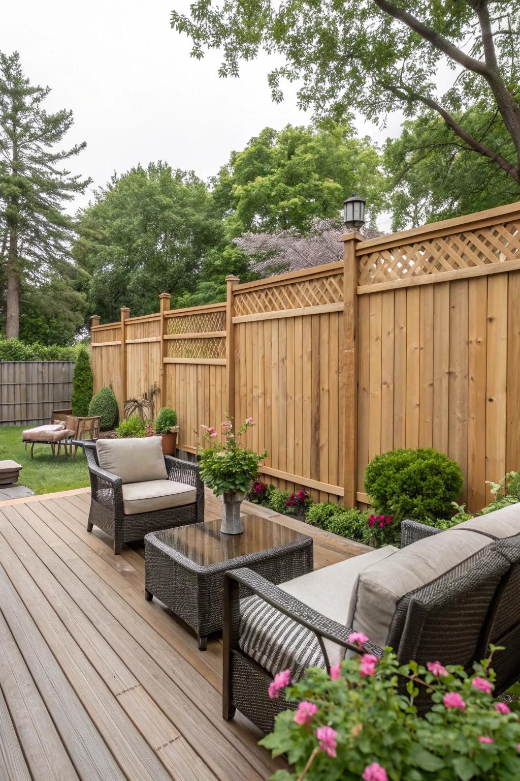 A tall cedar fence provides privacy and a touch of elegance to this deck.