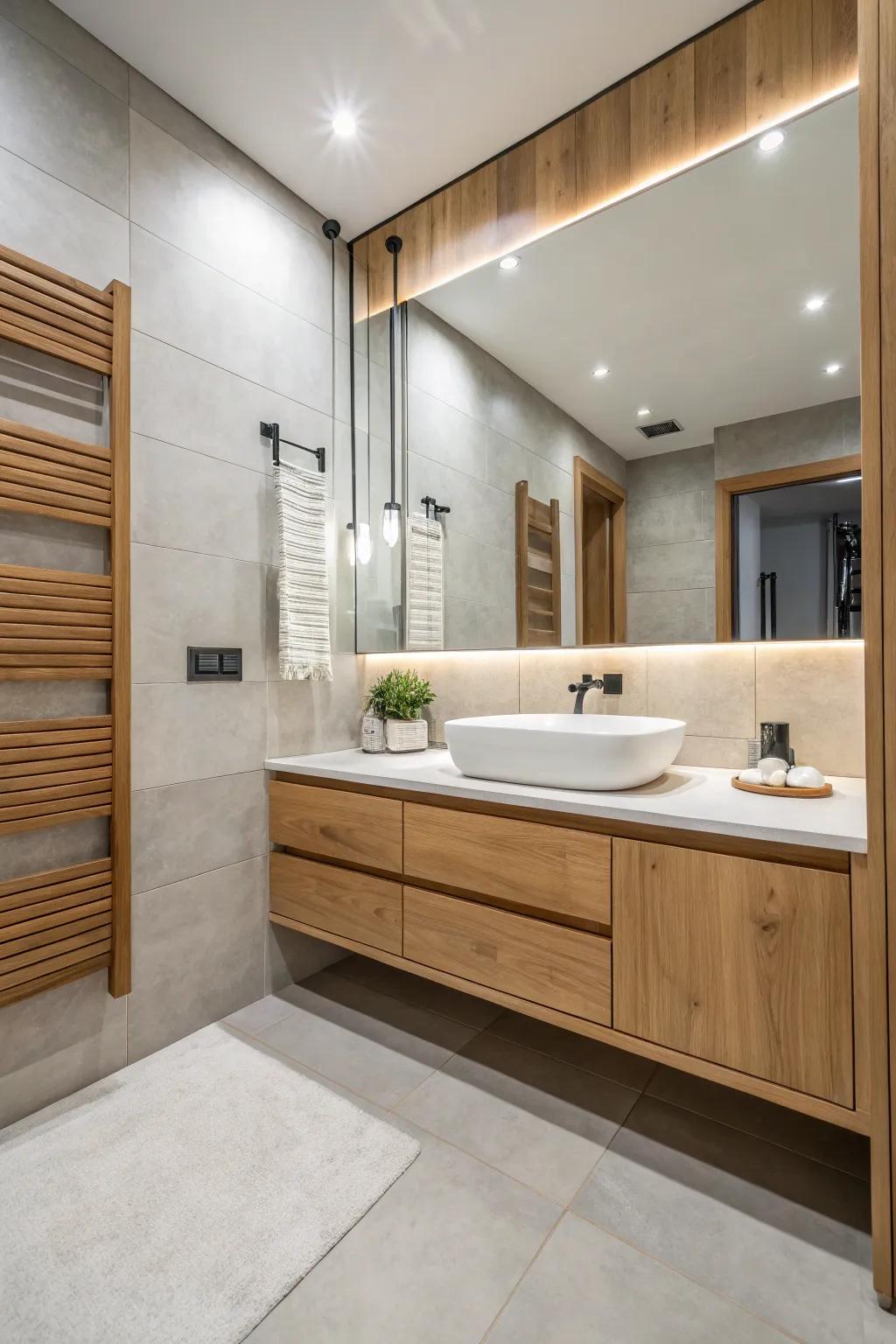 Large tiles create a sleek and contemporary look in this bathroom.