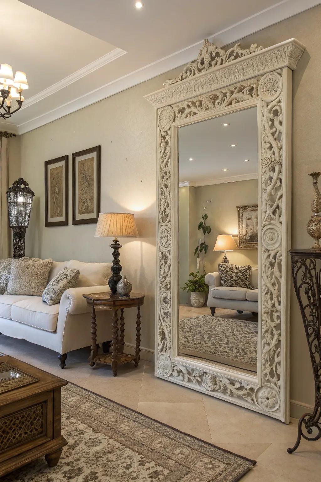 An ornate mirror acts as the perfect statement piece in this living room.