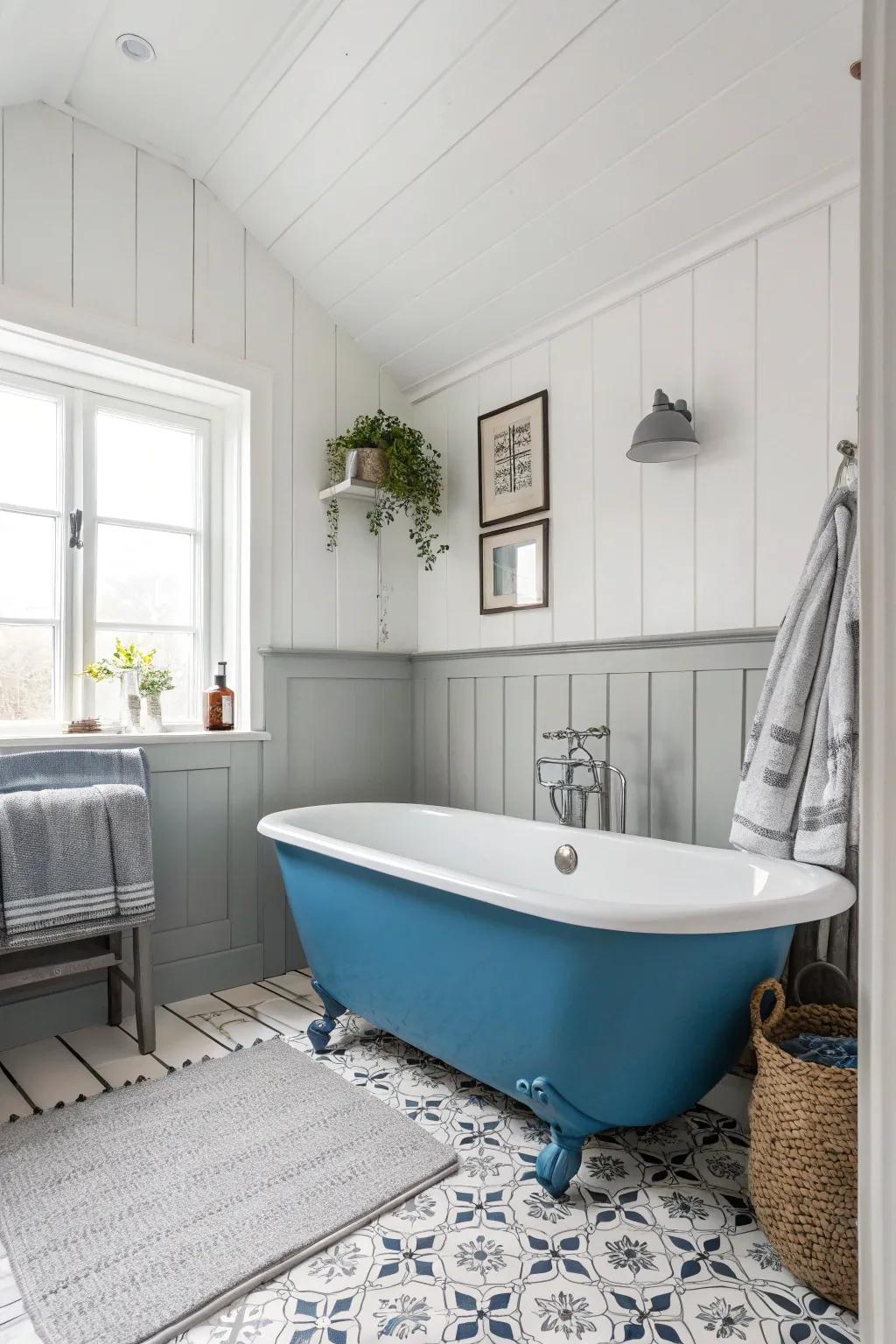 White and gray accents complement a blue bathtub for a timeless look.