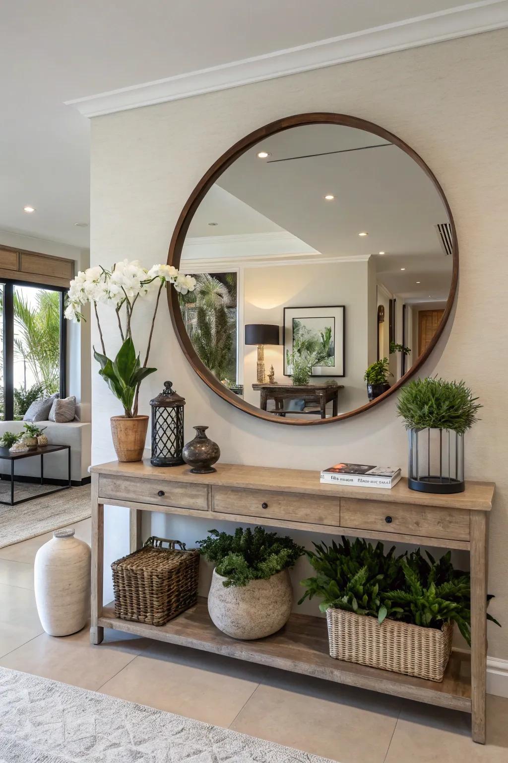 An entryway transformed by a large round mirror with subtle decor.