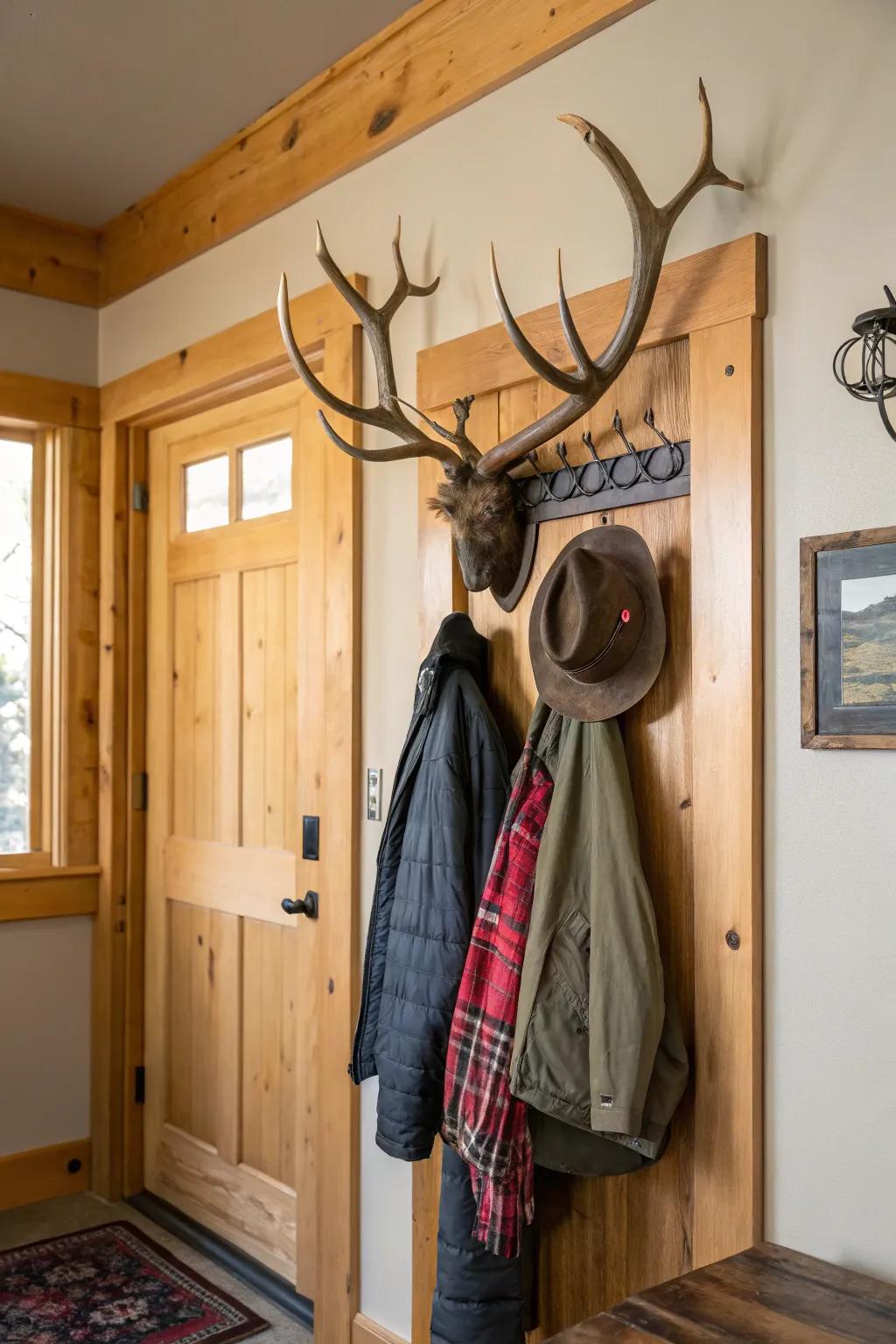 Create a rustic entryway with a deer antler coat rack.