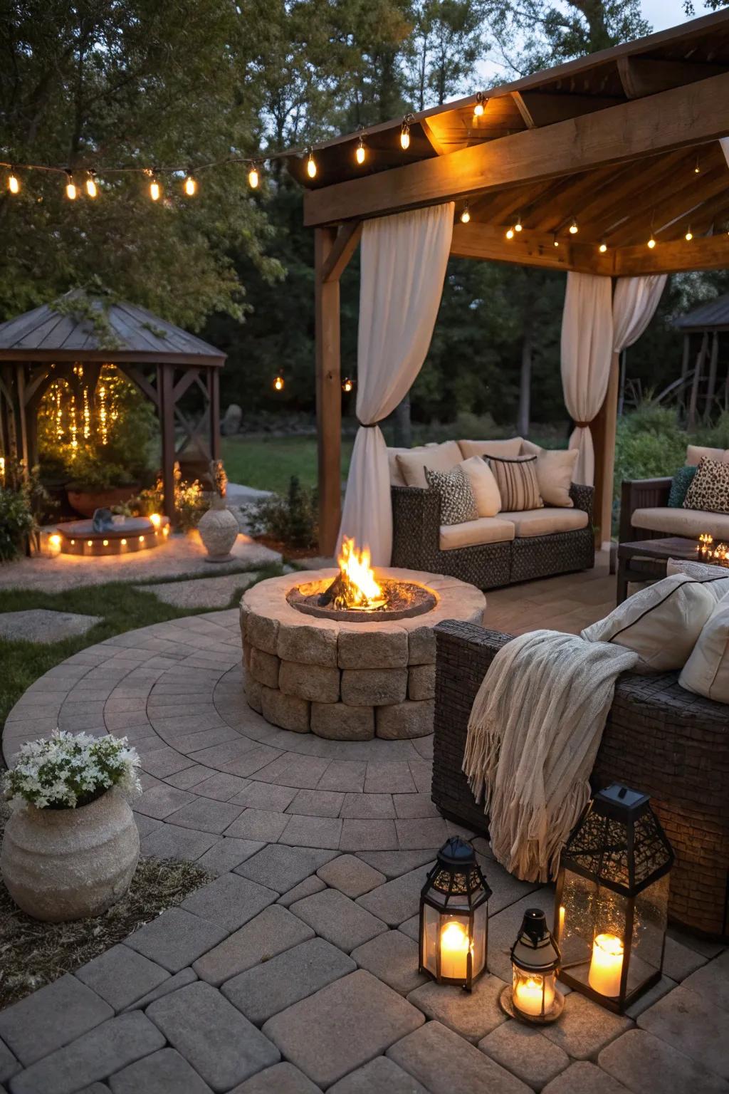 A detached patio with a welcoming fire pit setup for cozy evenings.