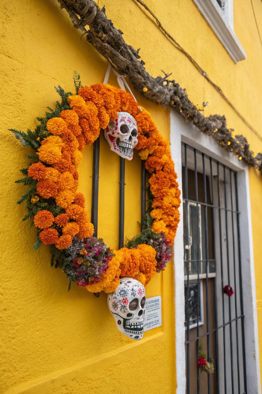 A stunning combination of marigolds and sugar skulls.