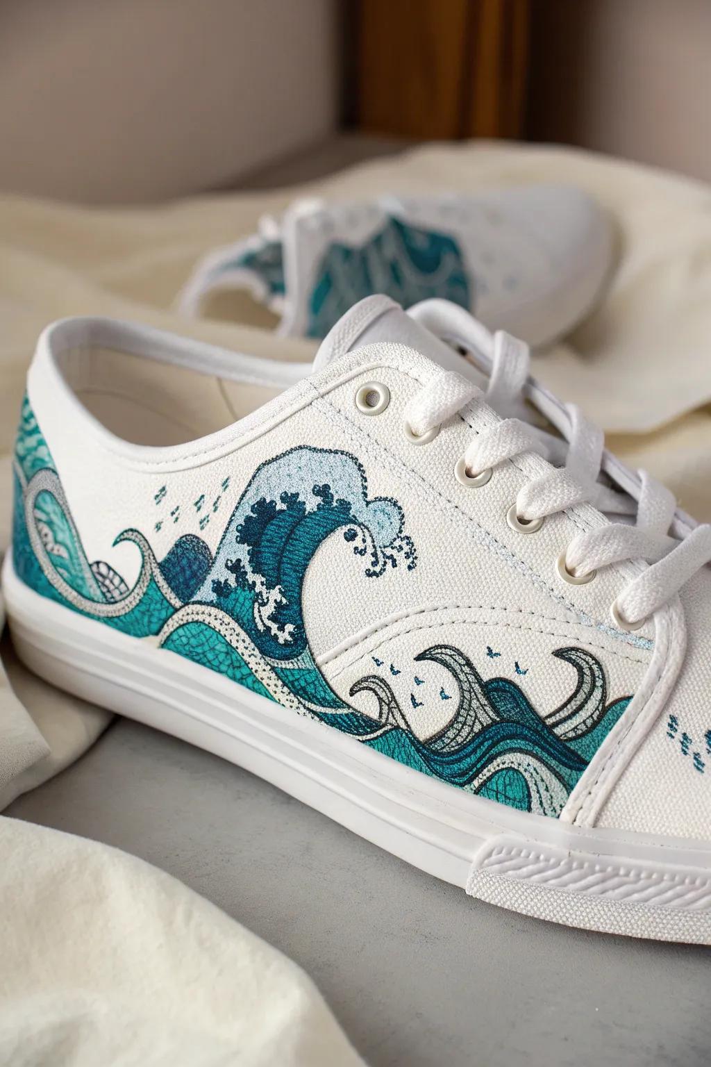 Step into creativity with custom painted sneakers that bring the ocean to your feet.