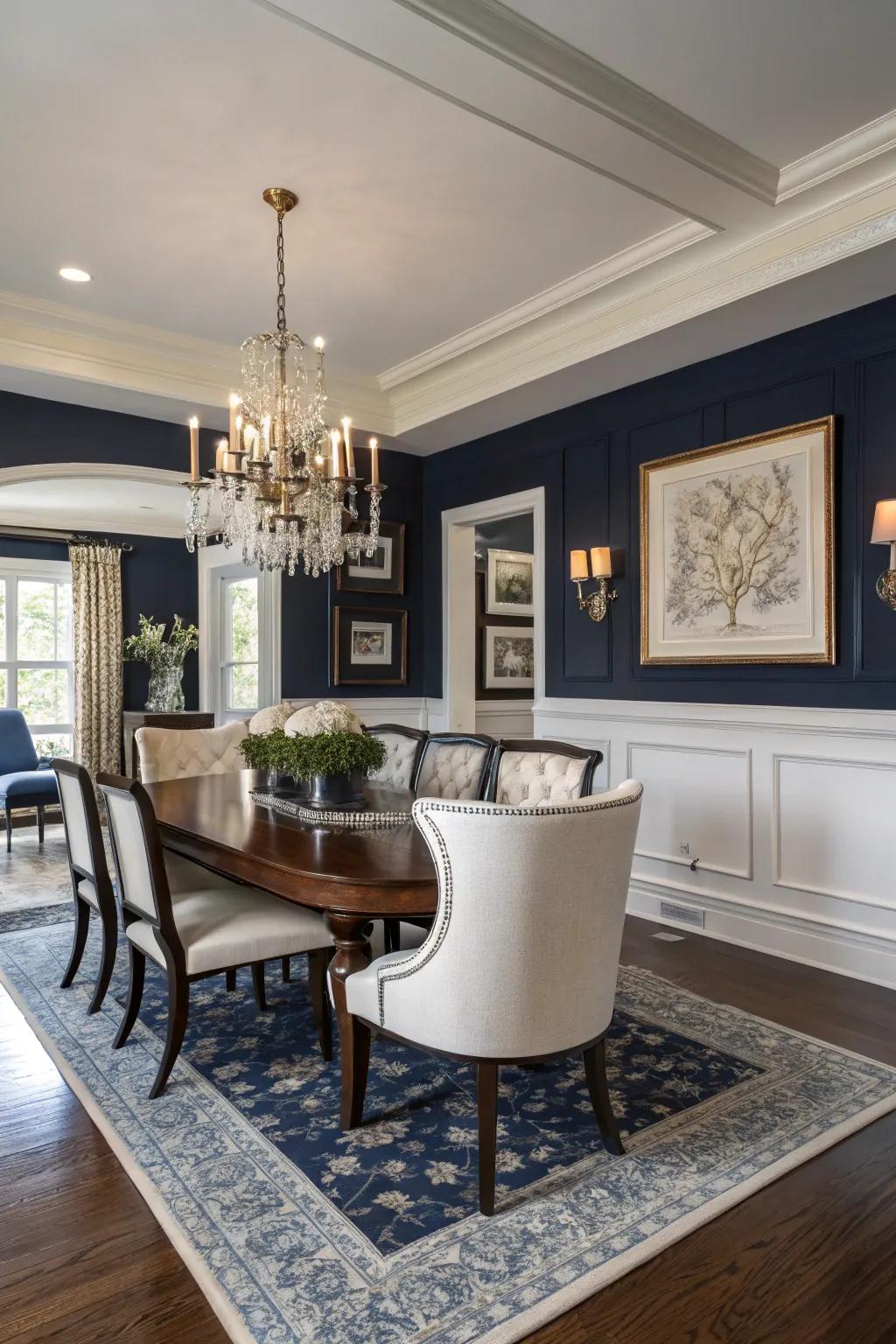 A classic and timeless dining room with navy and white paint scheme.