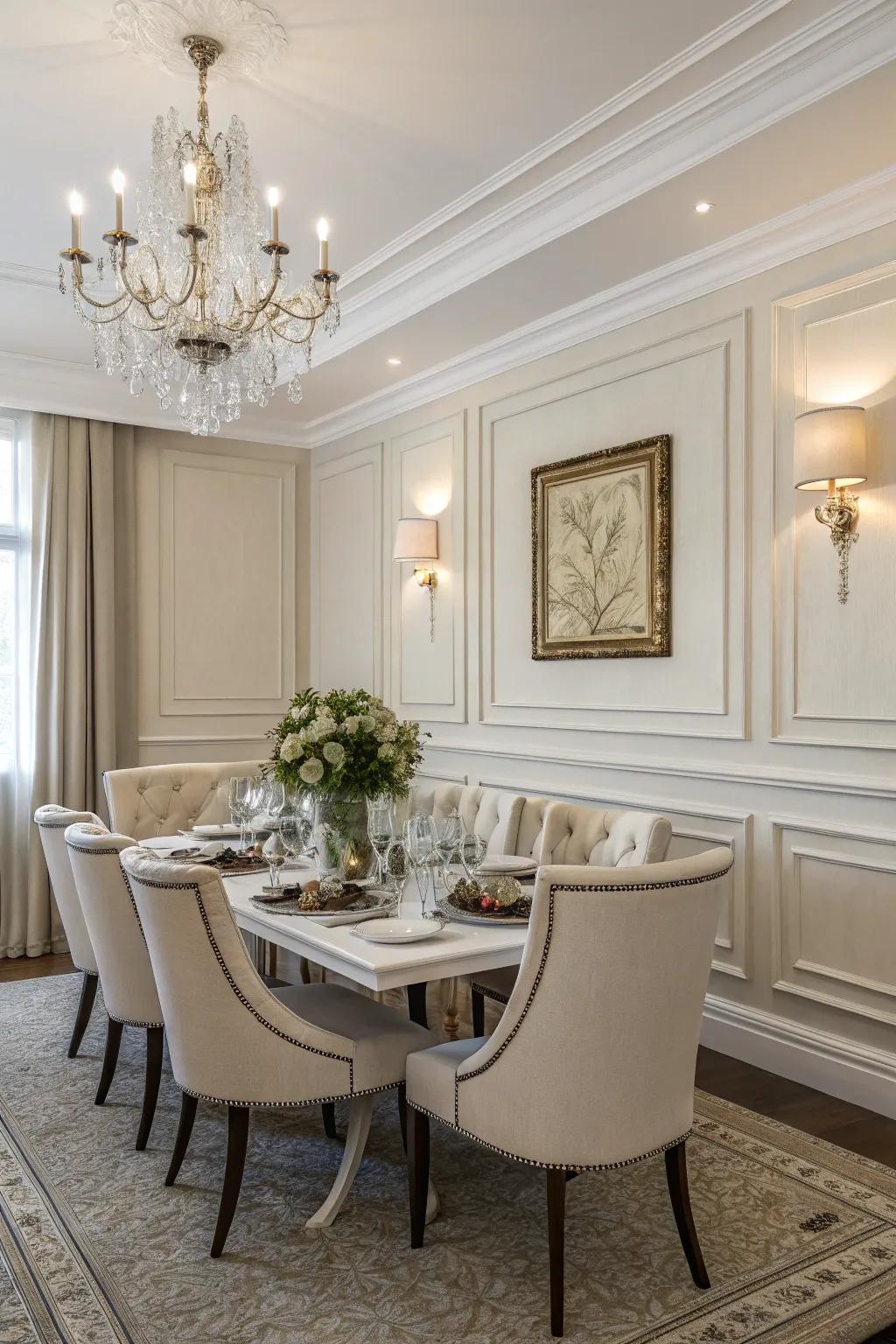 Classic white wainscoting adds timeless charm to this dining space.