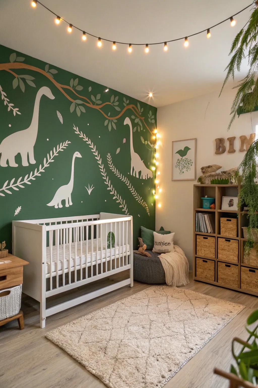 A forest green accent wall brings the prehistoric theme to life.