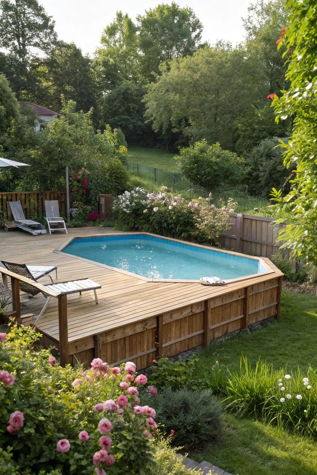 A classic wooden deck can harmonize with natural surroundings and elevate your pool area.