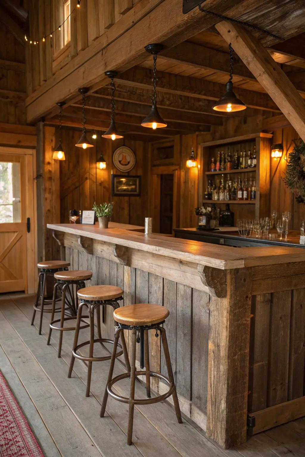 A welcoming rustic wooden bar that's the heart of any gathering.