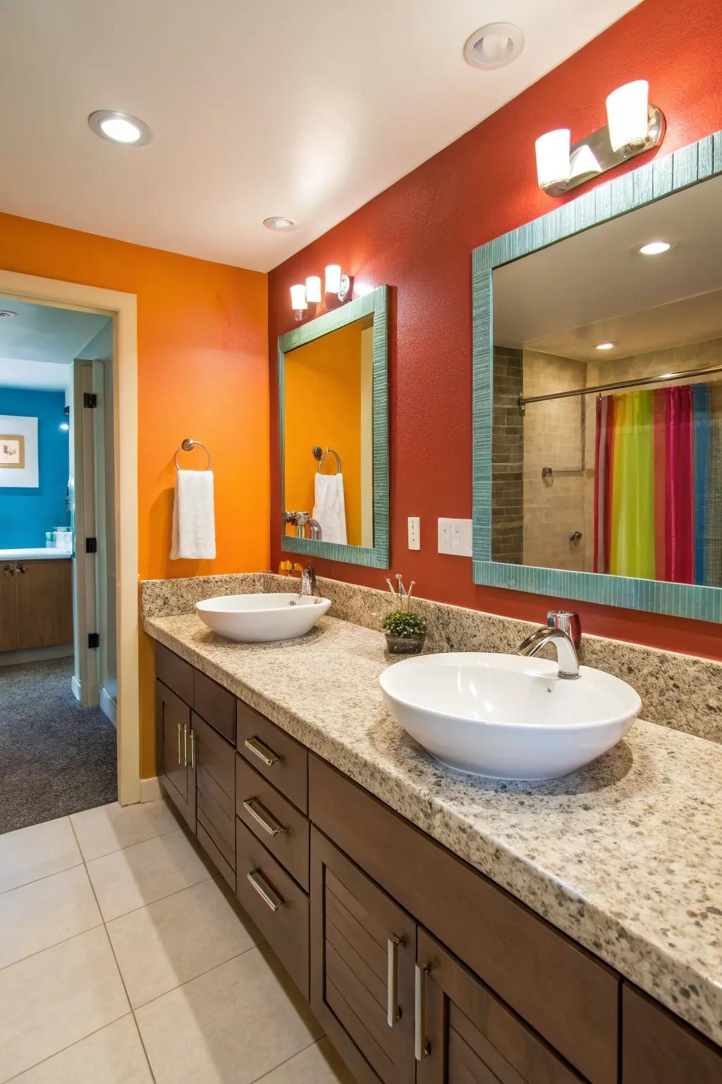 Revitalize your bathroom with painted countertops that mimic stone finishes.