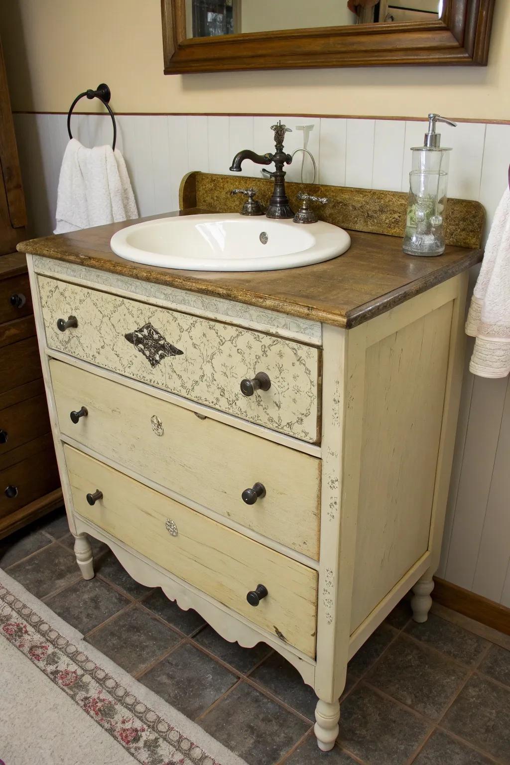 A vintage dresser makes for a charming and functional bathroom vanity.