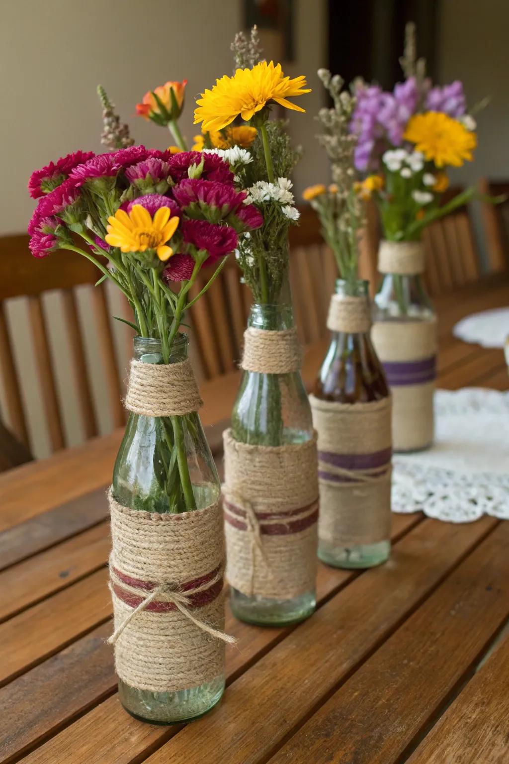 Charming upcycled bottle vases filled with flowers