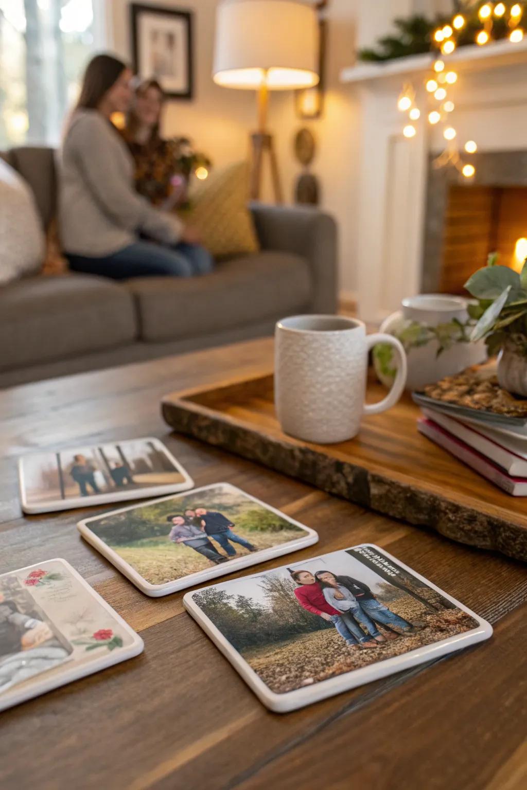 Handmade photo coasters capturing cherished family memories.