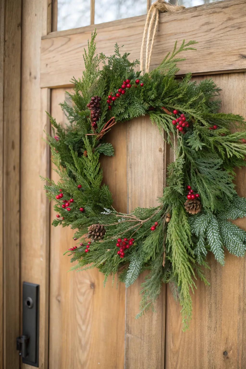 Welcome the holidays with a touch of natural elegance: a handcrafted evergreen wreath with classic berry accents.