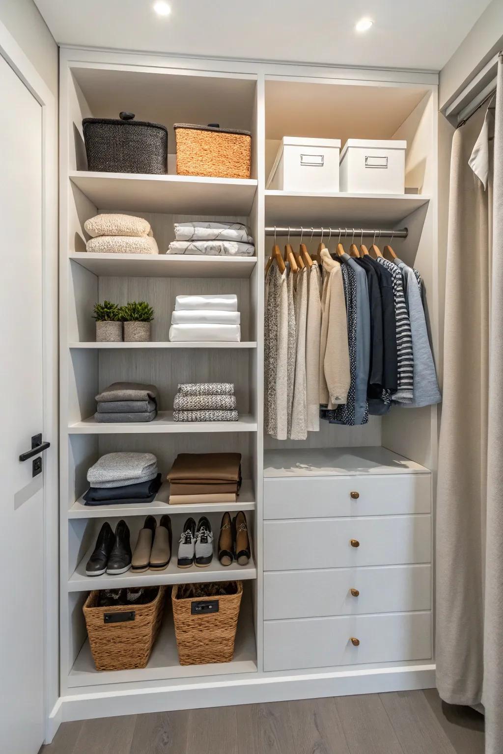 Floating shelves add flexibility and style to any closet.