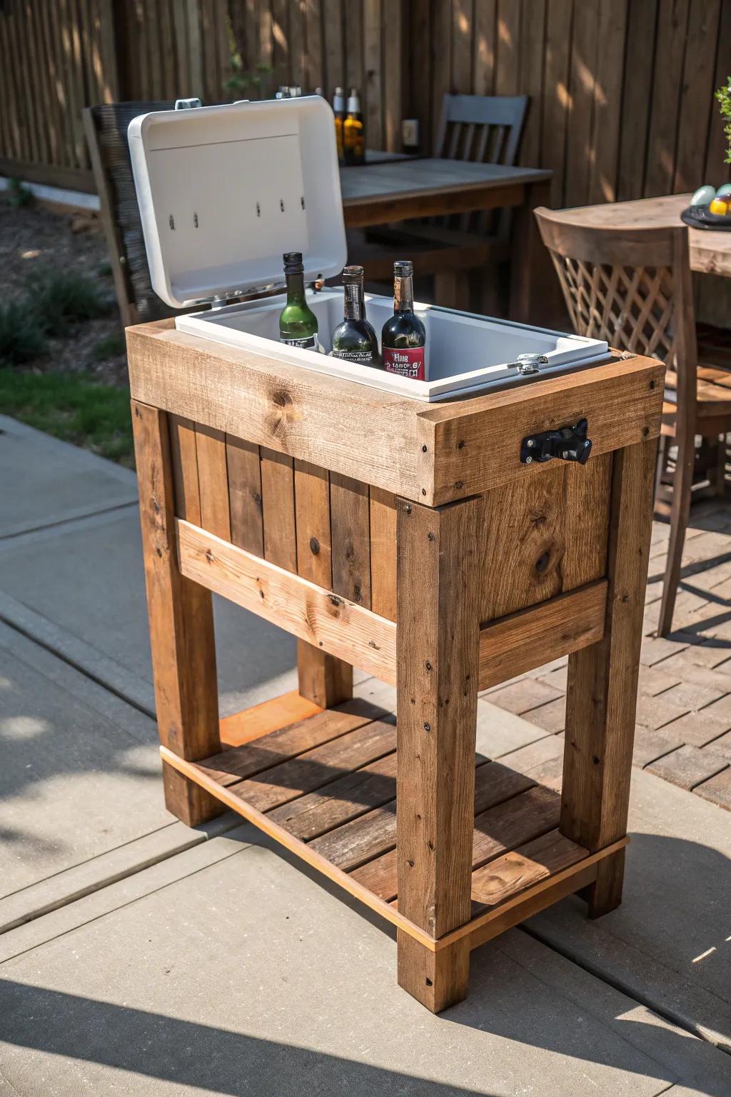 Elevate your barbecue game with a rustic wooden cooler stand—where craftsmanship meets convenience.
