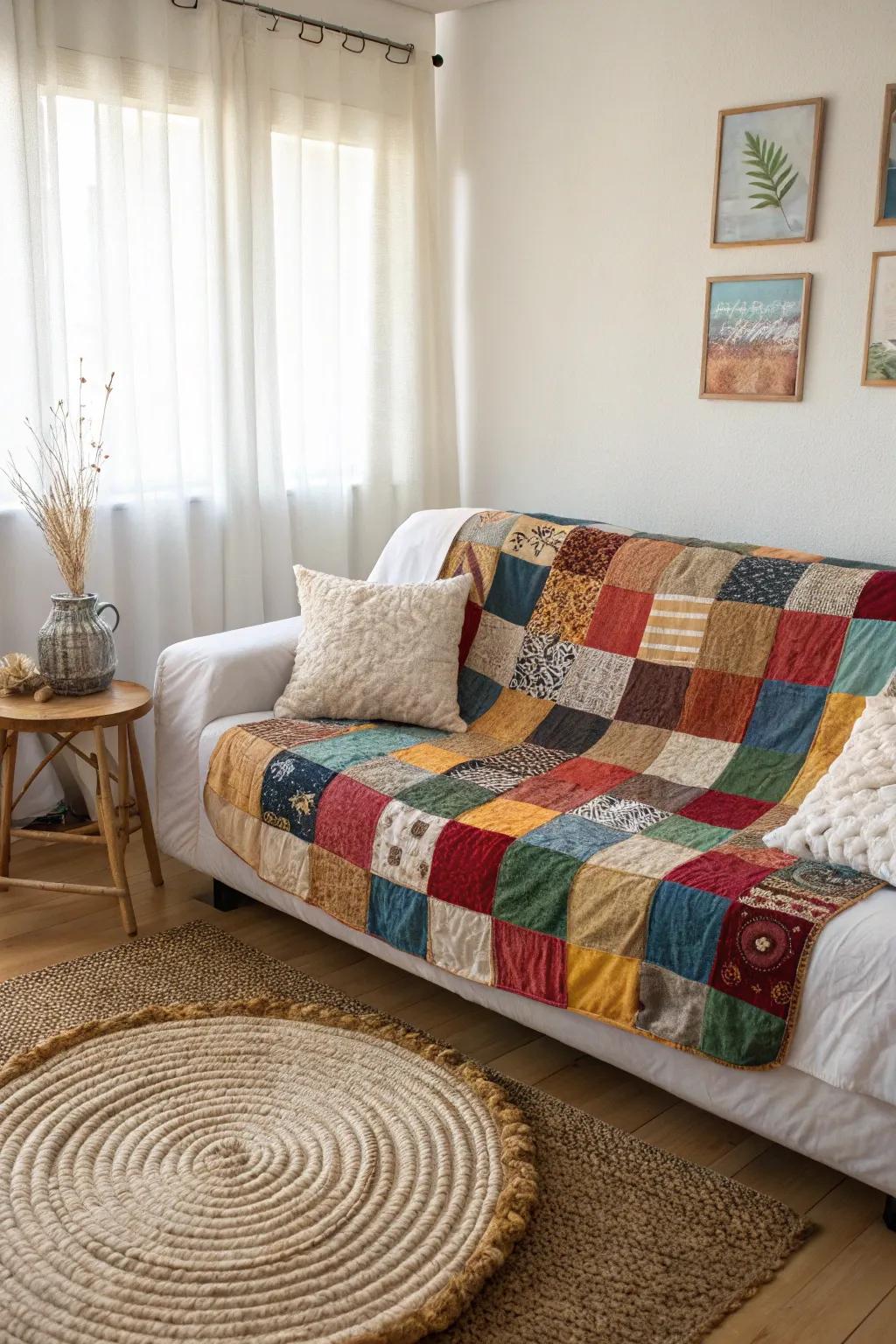 Breathe new life into your old t-shirts with this no-sew quilt couch cover, blending vibrant memories with minimalist elegance.