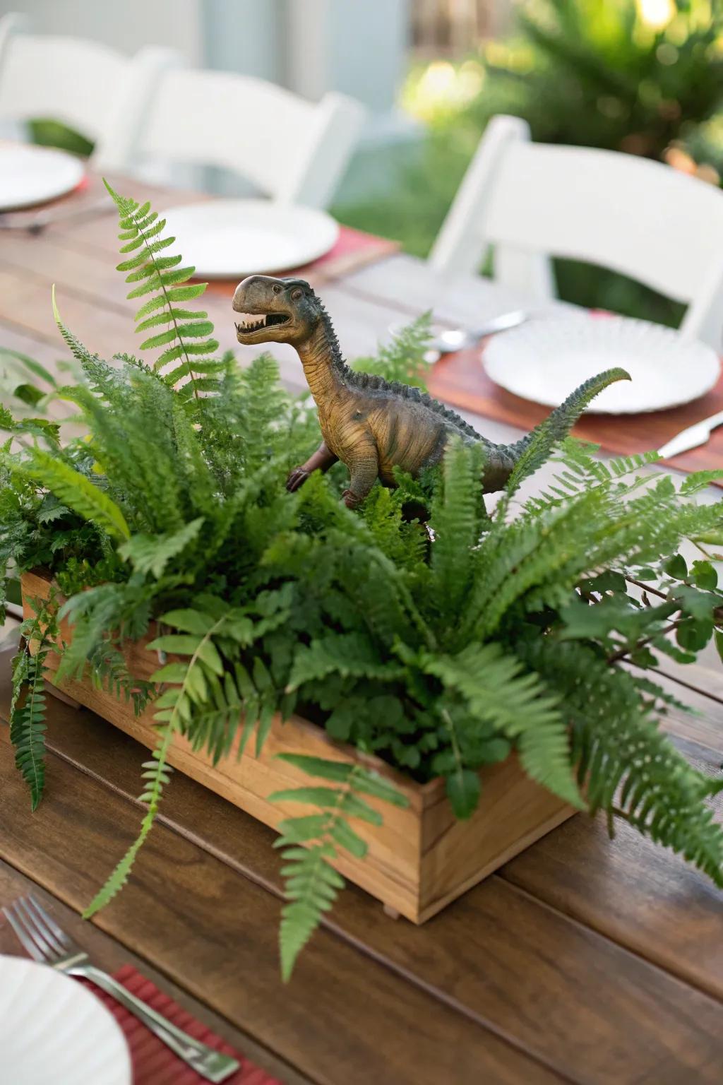 Bring the jungle to your table with this fern and dinosaur centerpiece.