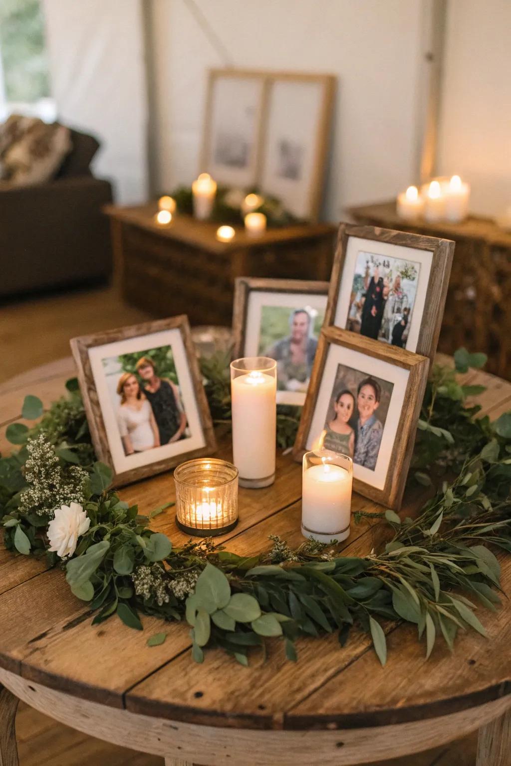 A charming photo centerpiece perfect for a family reunion.