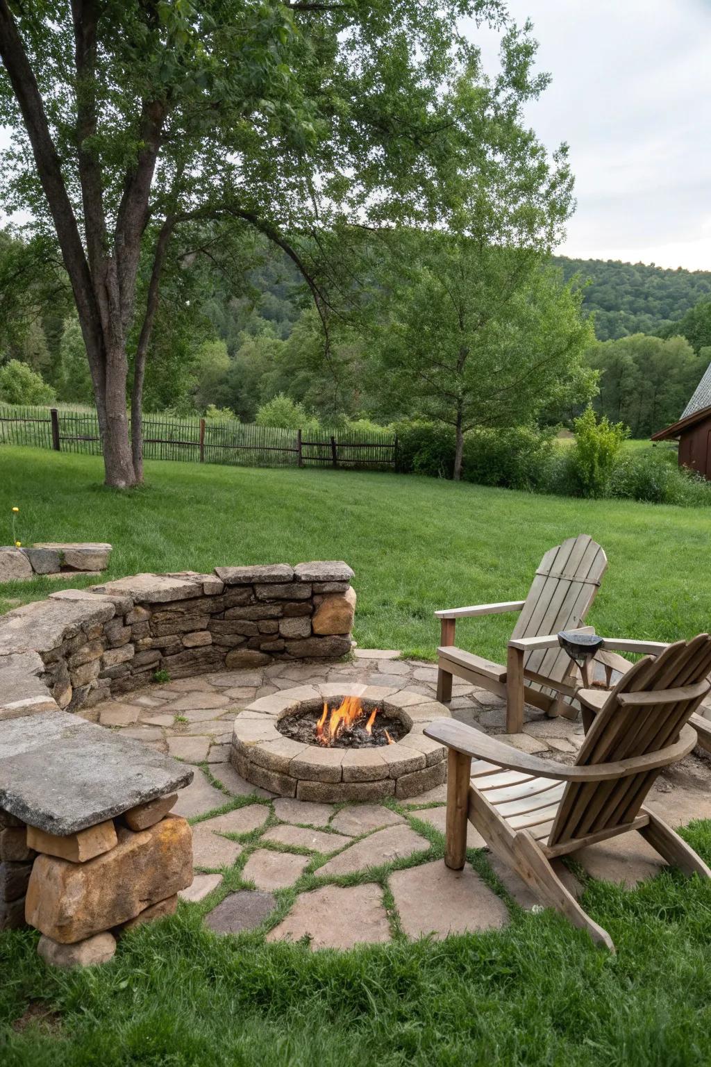 A classic stone circle fire pit brings rustic charm to any backyard.