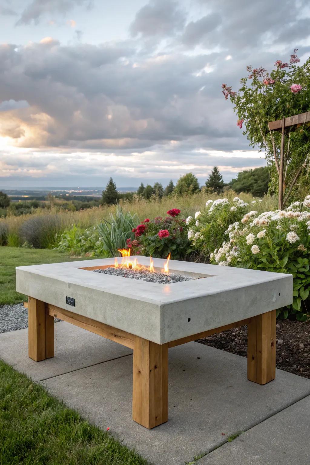 A harmonious blend of concrete and wood for a sleek fire table.