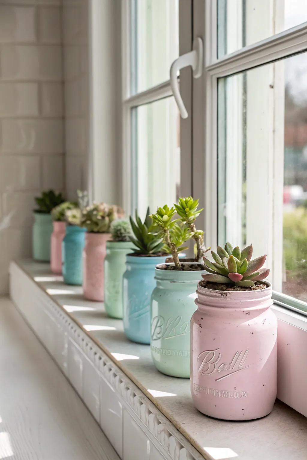 Pastel mason jar planters bring a touch of whimsy to any kitchen.