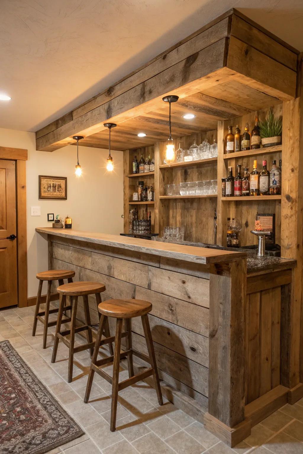 This rustic wood bar uses reclaimed wood and soft lighting to create a cozy corner for relaxation.