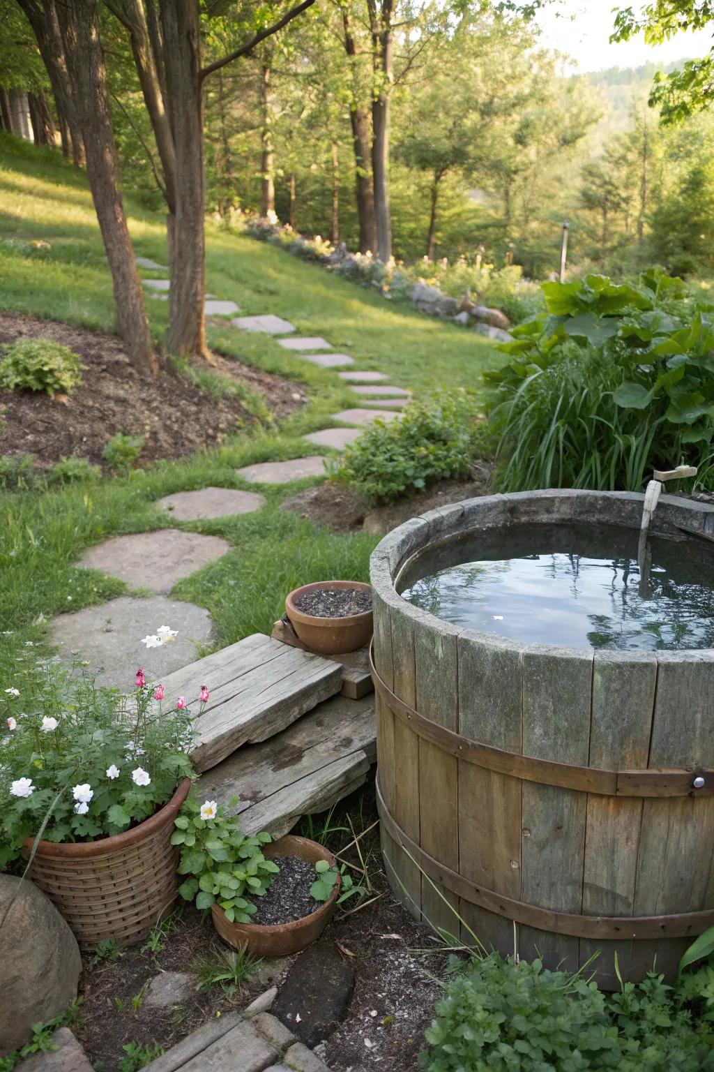 Embrace simplicity with a stock tank ice bath in your garden.