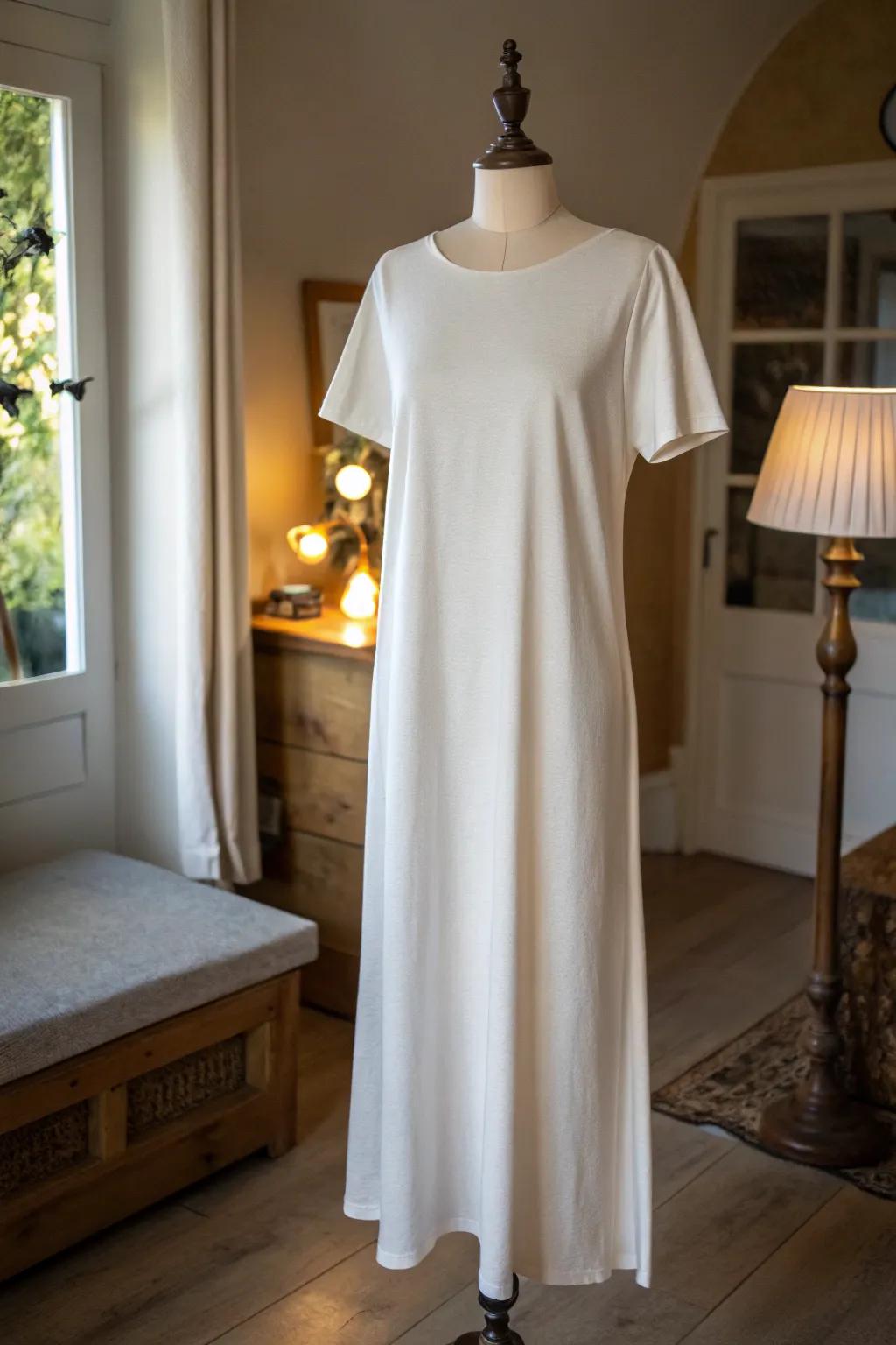 A classic t-shirt dress made with jersey fabric, perfect for comfort and style.