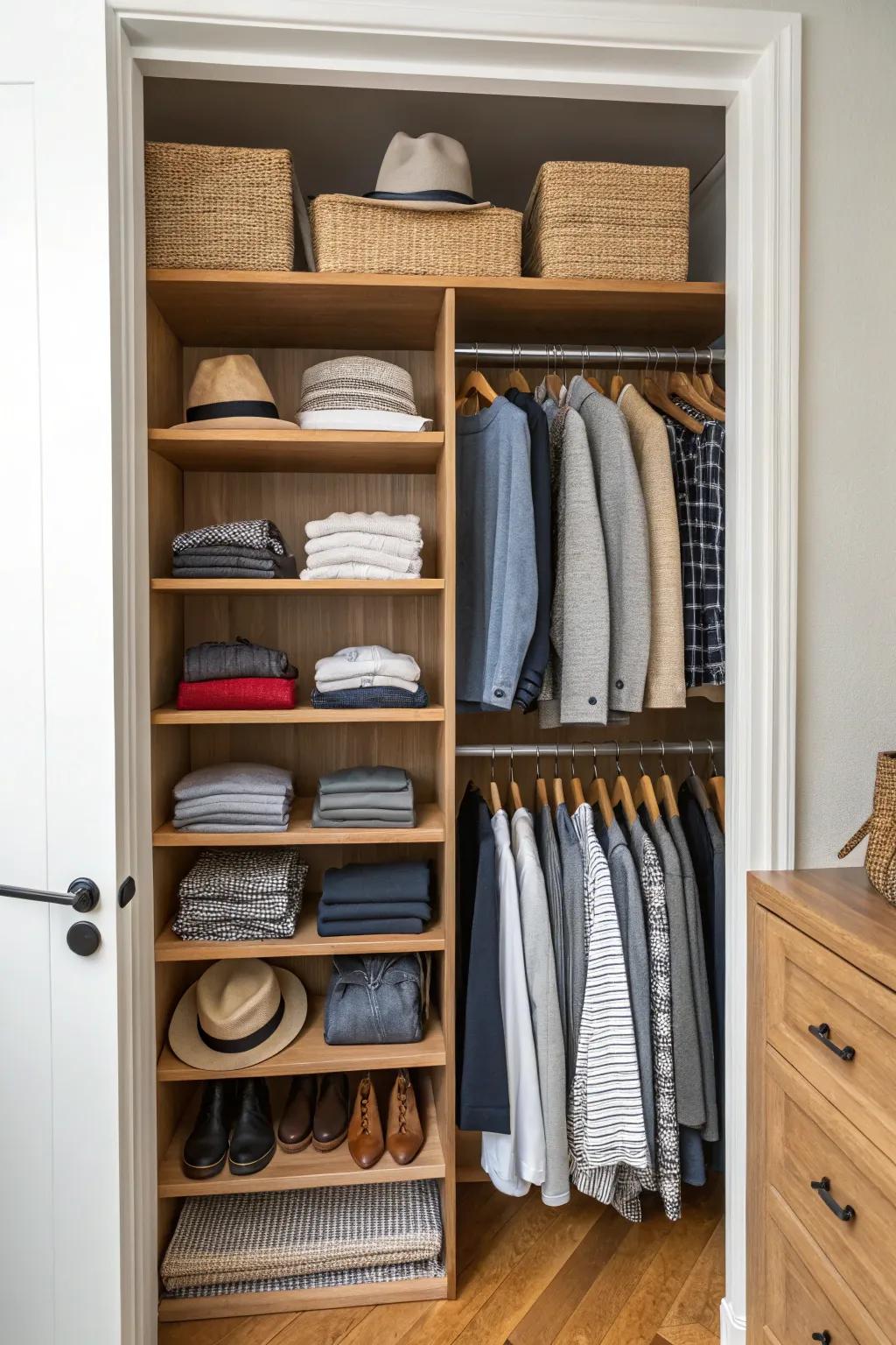 Adjustable shelving in a small closet makes organization flexible and easy.