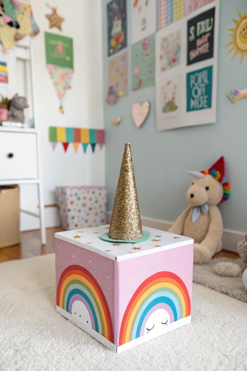 A colorful crêpe paper unicorn box ready for Valentine's cards.