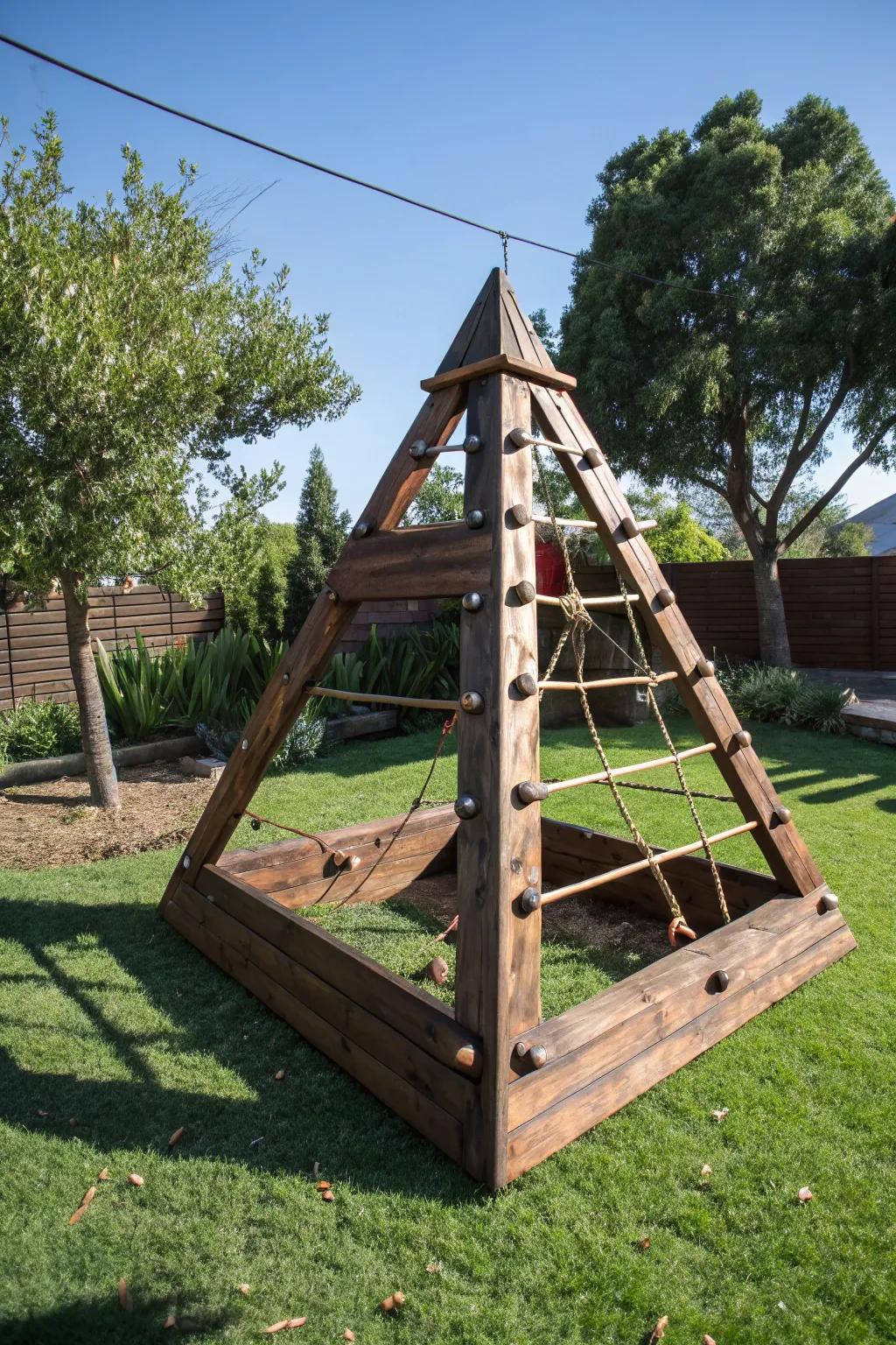 Elevate your backyard with a handcrafted wooden climbing pyramid—a masterpiece of craftsmanship and fun!