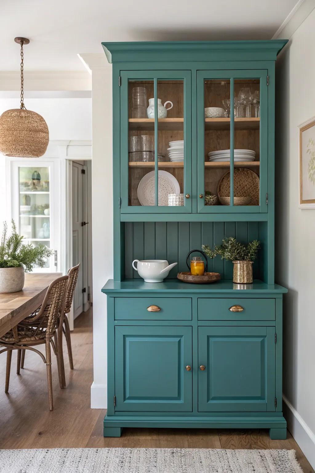 Revitalize your space with a bold teal accent - a stunning centerpiece for any minimalist kitchen.