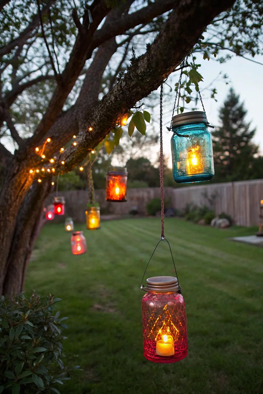 Upcycled glass jars make charming lanterns for outdoor spaces.