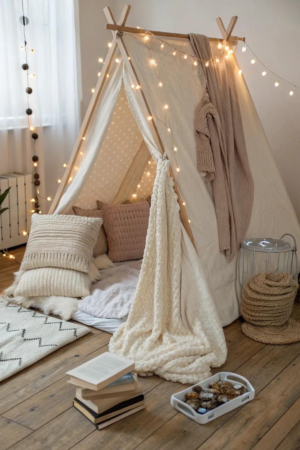 Transform your space into a serene sanctuary with this dreamy DIY blanket fort—perfect for a cozy movie night at home.