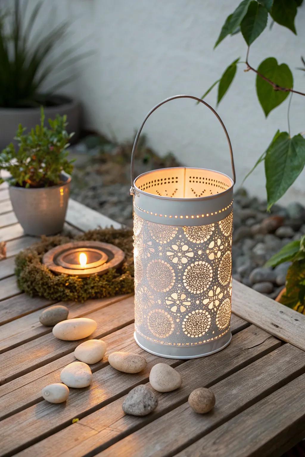 Illuminate your garden with the rustic charm of a handcrafted tin can lantern.