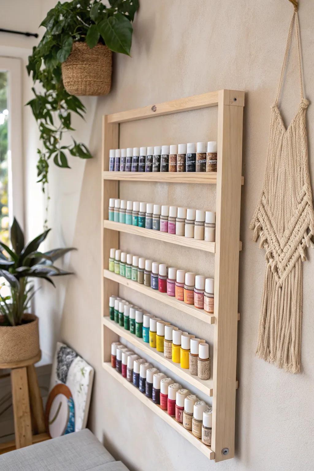 Transform your paint collection into a stunning display with this chic wall-mounted rack. Perfect harmony of organization and aesthetic appeal!