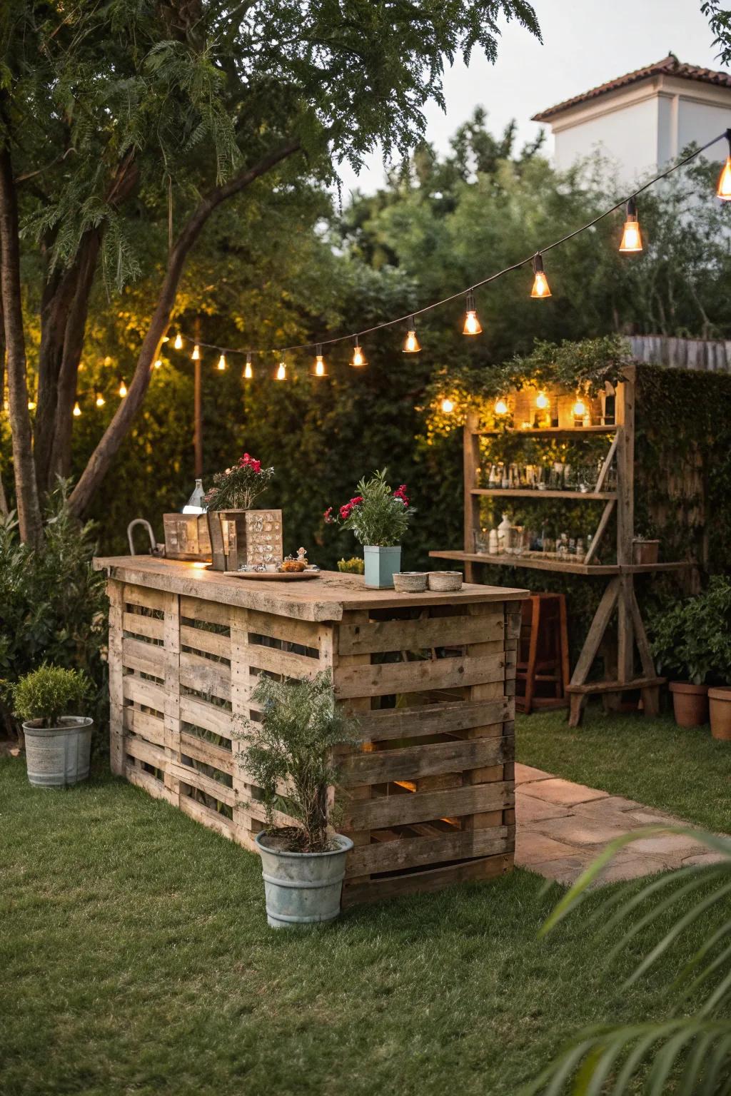 A rustic pallet bar nestled in greenery, perfect for a backyard retreat.