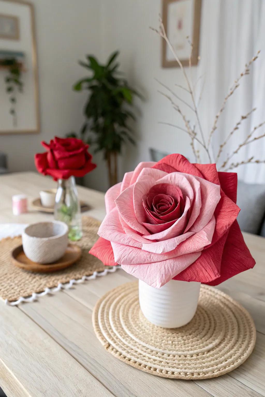 Elevate your table decor with handcrafted paper roses: a perfect blend of elegance and simplicity.