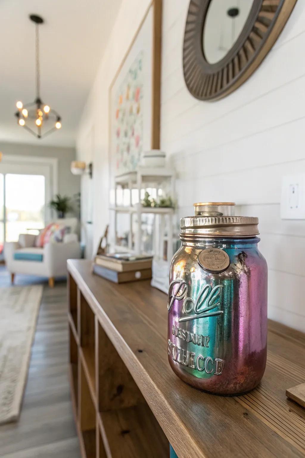 Chic painted mason jar piggy bank for modern savings.