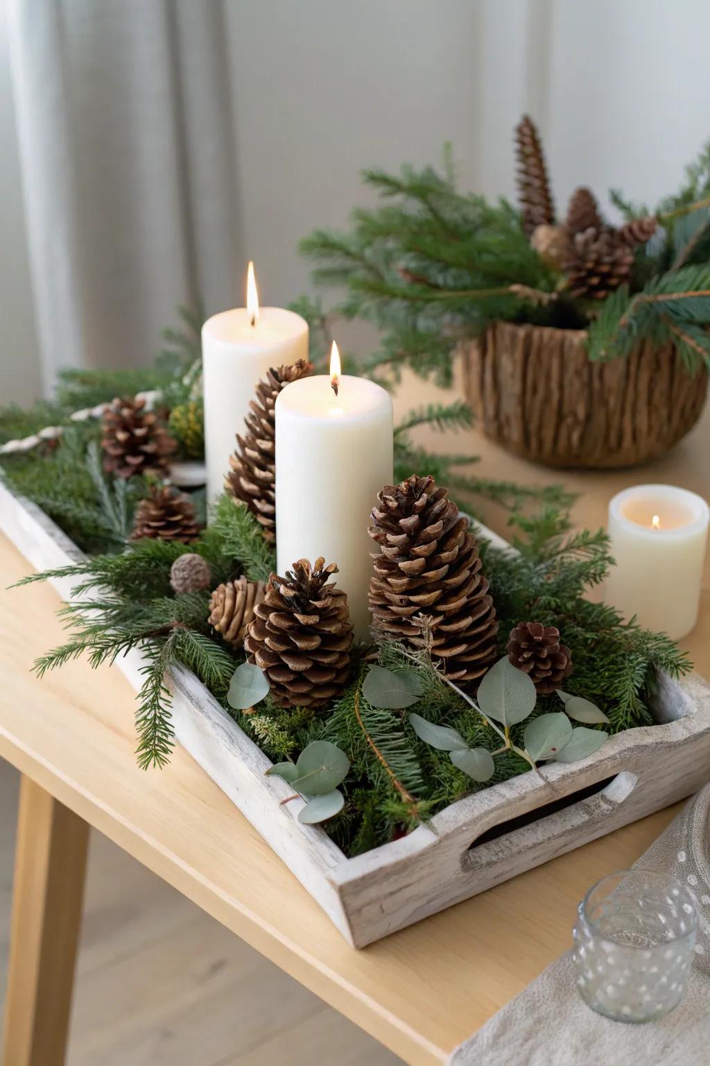 Transform your table with a pine cone centerpiece that radiates natural elegance and warmth.