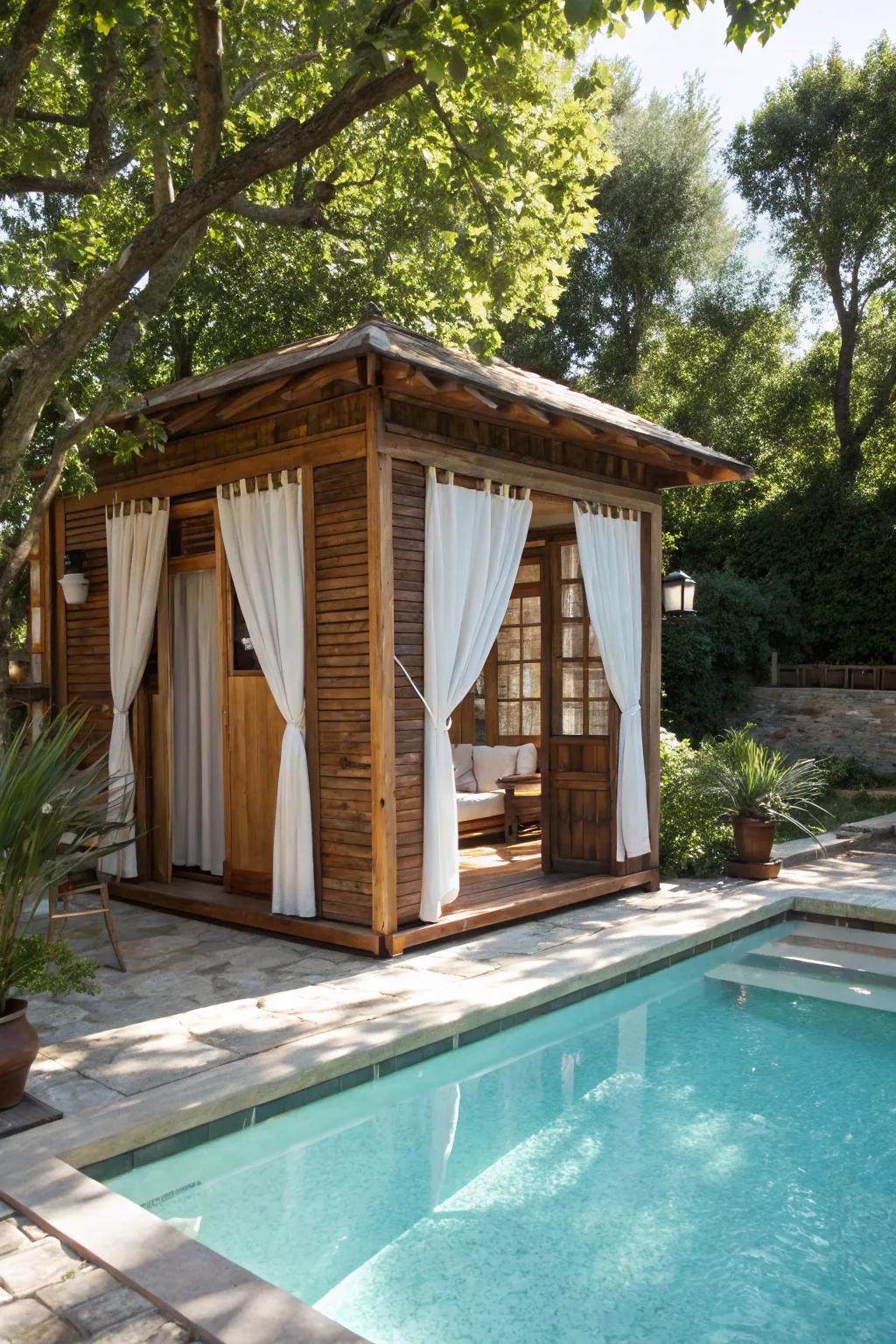 A wooden cabana offers a blend of natural beauty and comfort.